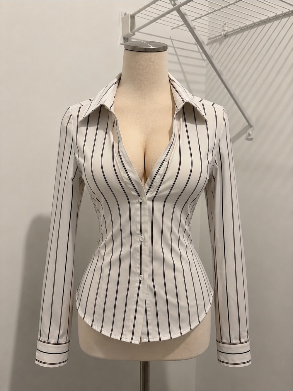 Classic White Vertical-Stripe Button-Up Shirt for Women